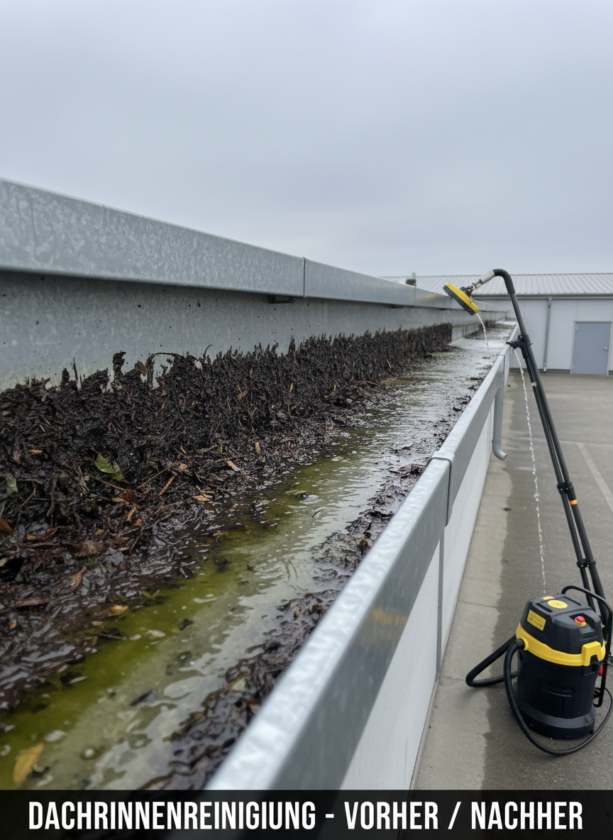 Before-and-after, photographic-style composition of a long section of gutter on a medium-sized commercial or multifamily building, shown as a single continuous shot progressing from clogged to clean. On the left, the gutter is filled with dark sludge, leaves, and standing water; as the viewer’s eye moves right, the debris gradually disappears, ending in a spotless, free-flowing gutter. Below on the ground, a powerful industrial vacuum unit with extended poles can be seen in the right third of the frame, clearly operating from ground level. The lighting is neutral daylight under an overcast sky, minimizing harsh contrast and highlighting details. The overall mood is professional and results-focused, with crisp, realistic textures and a clear narrative of efficient Dachrinnenreinigung without any roof access.