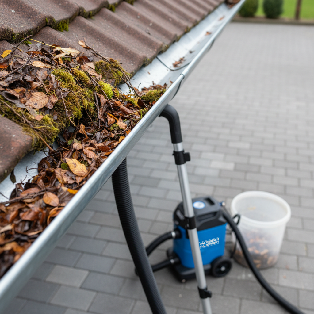 Close-up, photographic view of a slightly dirty metal gutter along the edge of a house roof, packed with leaves, moss, and small twigs on one side, transitioning to a perfectly clean, flushed section on the other. Below, on a neat paved driveway, a modern wheeled suction unit with hoses and telescopic poles is clearly visible, connected to the cleaned section above, highlighting the powerful ground-based vacuum method. Soft, diffused daylight illuminates the scene, revealing textures of wet leaves, metal, and plastic tubing. The composition uses a shallow depth of field with the focus on the gutter edge and suction nozzle, creating a precise, technical, and professional mood, ideal to illustrate the effectiveness of Dachrinnenreinigung without ladders or scaffolding.