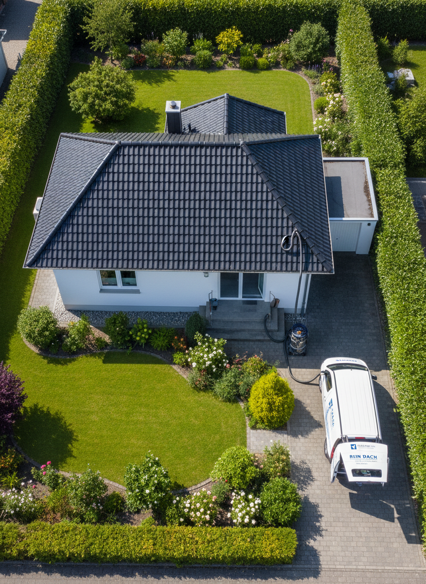 Photographic overhead view from a moderate height, looking down at a modern detached house with a dark tiled roof, clean white gutters, and a neatly kept garden surrounding it. On the paved driveway at the edge of the frame, a compact service van with open rear doors reveals neatly arranged suction hoses and extension poles, while a mobile vacuum unit is set up nearby, emphasizing a local, mobile Dachrinnenreinigung service. The lighting is bright but soft midday light, creating clear, detailed shadows without harshness. The composition balances the house, garden, and equipment to show context and scale, with sharp focus throughout. The mood is reliable and reassuring, communicating that the property is being professionally maintained from the ground without scaffolding or risky roof work.