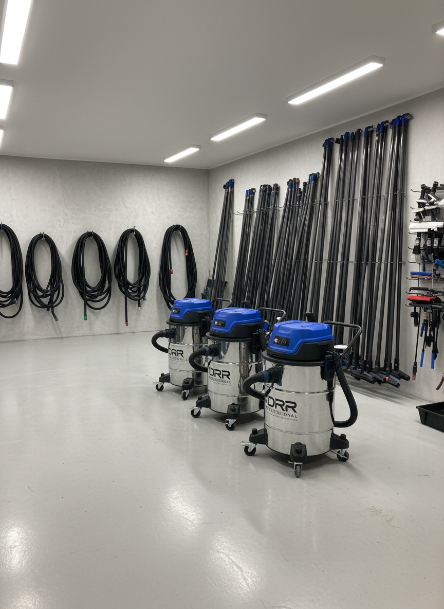 Detailed, photographic interior view of an open garage or storage space used by a local Dachrinnenreinigung business, with an organized arrangement of modern suction units, coiled flexible hoses, and stacks of lightweight carbon-fiber poles up to 12 meters long. The floor is clean and slightly reflective, and the walls feature neutral colors, keeping attention on the equipment. Overhead LED lighting creates bright, even illumination with soft shadows beneath each machine, enhancing the sense of order and professionalism. The composition is shot from a slightly elevated angle, capturing rows of equipment receding into the background, conveying readiness, capacity, and quick deployment. The mood is efficient, technical, and trustworthy, with photographic realism and a clean, contemporary aesthetic suitable for a serious local service provider.