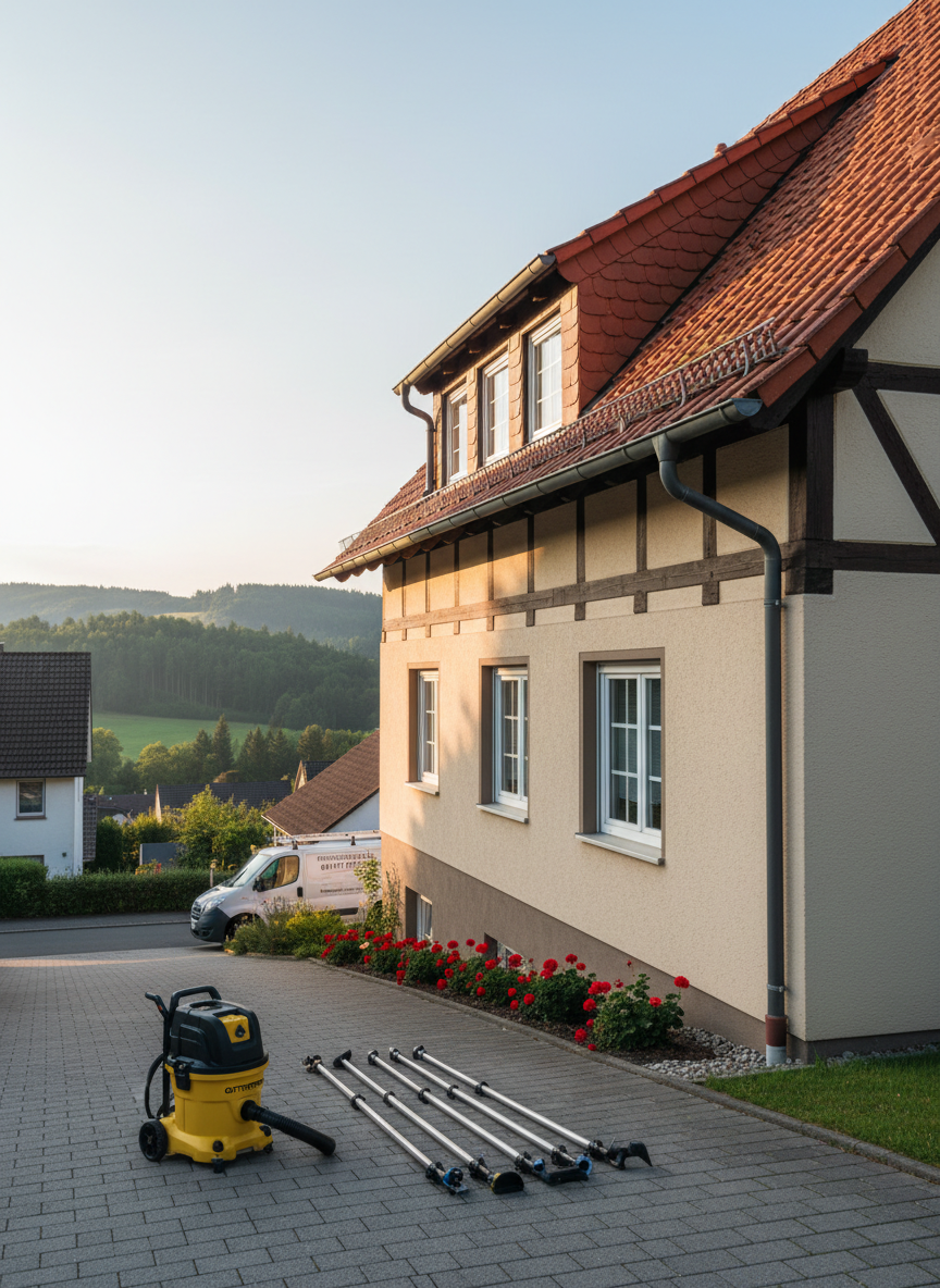 Wide-angle, photographic shot of a detached family home in a quiet German residential street typical for the Siegen region, with rolling green hills softly blurred in the background. The camera is placed at ground level, looking slightly upward along the line of the roof so the complete gutter run is visible. In the foreground stands a tidy, robust gutter vacuum machine with long, segmented poles laid out beside it, ready for use, emphasizing preparation for a quick appointment. Late afternoon natural light casts gentle, warm highlights on the house façade and equipment, creating a calm, reliable atmosphere. The composition follows the rule of thirds, with sharp focus throughout to showcase the property, gutters, and ground-based system in a clean, professional style.